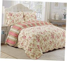 Vintage Floral Rose Chintz 3-Piece Khaki Queen Kahaki, Tan, Pink, Multi-color