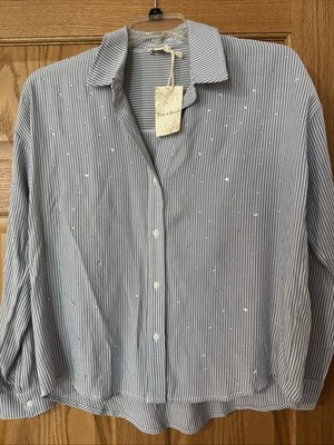 Hem & Thread Women s Blouse Top Shirt Blue & White With Rhinestones Medium NEWwu