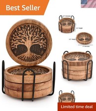 Unique Round Acacia Wood Coasters with Iron Holder - Set of 4 for Modern Homes