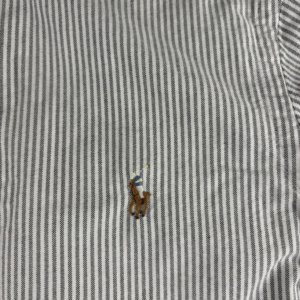 Camisa Polo Ralph Lauren Para Hombre Pequeña Gris Blanca Rayas Con Botones Calce Clásico Foto 4 de 4