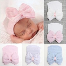 Newborn Baby Girls Infant Striped Soft Hat with Bow Cap Hospital Beanie Headband