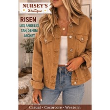 Risen Los Angeles Tan Stretch Denim Jacket Size M Camel Cotton Trucker Jacket