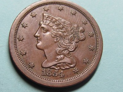1854 BRAIDED HAIR  HALF CENT    NICE AU/BU  GRADE COIN