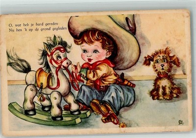 38225102 - Little Boy Cowboy Talking To His Rocking Horse