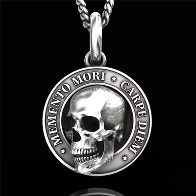 Memento Mori Carpe Diem Letter 3D Skull Neckalce for Men Fashion Punk Style