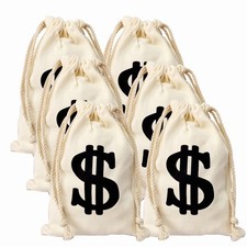 6 Pack Canvas Dollar Sign Money Pouch Bag w/ Drawstring Closure