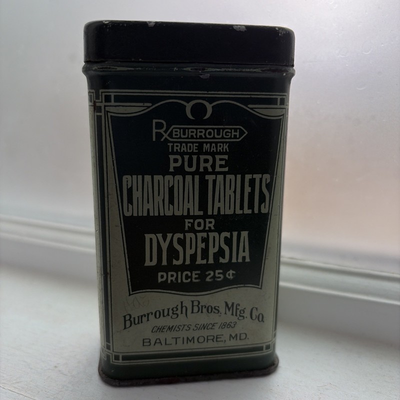 Flatulence ANTIQUE Medicine Tin BURROUGH BROS 1863 Charcoal Tablets BALTIMORE MD