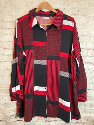 Susan Graver Top Womens 1X Liquid Knit Button Up Red Retro Checks Patchwork