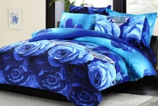 Blue Roses Print 3pc Bedding Set: 1 Duvet Cover & 2 Pillow Shams All Sizes