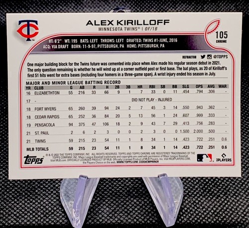 2022 Topps Chrome Sonic Refractor Alex Kirilloff #105 Minnesota Twins - Picture 2 of 2