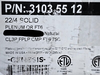 Honeywell Genesis 3103 22/4C Solid Security/Control Cable Plenum White /100ft