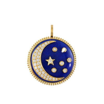 Designer Star Moon Lapis Lazuli Diamond pendant, Silver Star Moon Diamond Charm