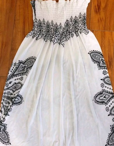 Neu Damen Trägerloses Kleid Elfenbein Schwarz Paisley Boho Grafikdruck Gr: Small - Bild 10 von 13