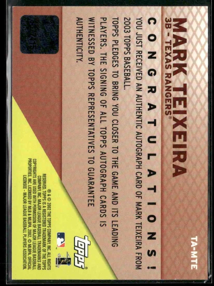 2003 Topps #TA-MTE Mark Teixeira Autographs - Image 2 of 2