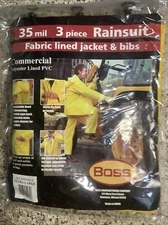 Boss XL Yellow Three Piece Rainsuit Fabric Lined Jacket Bibs Commercial