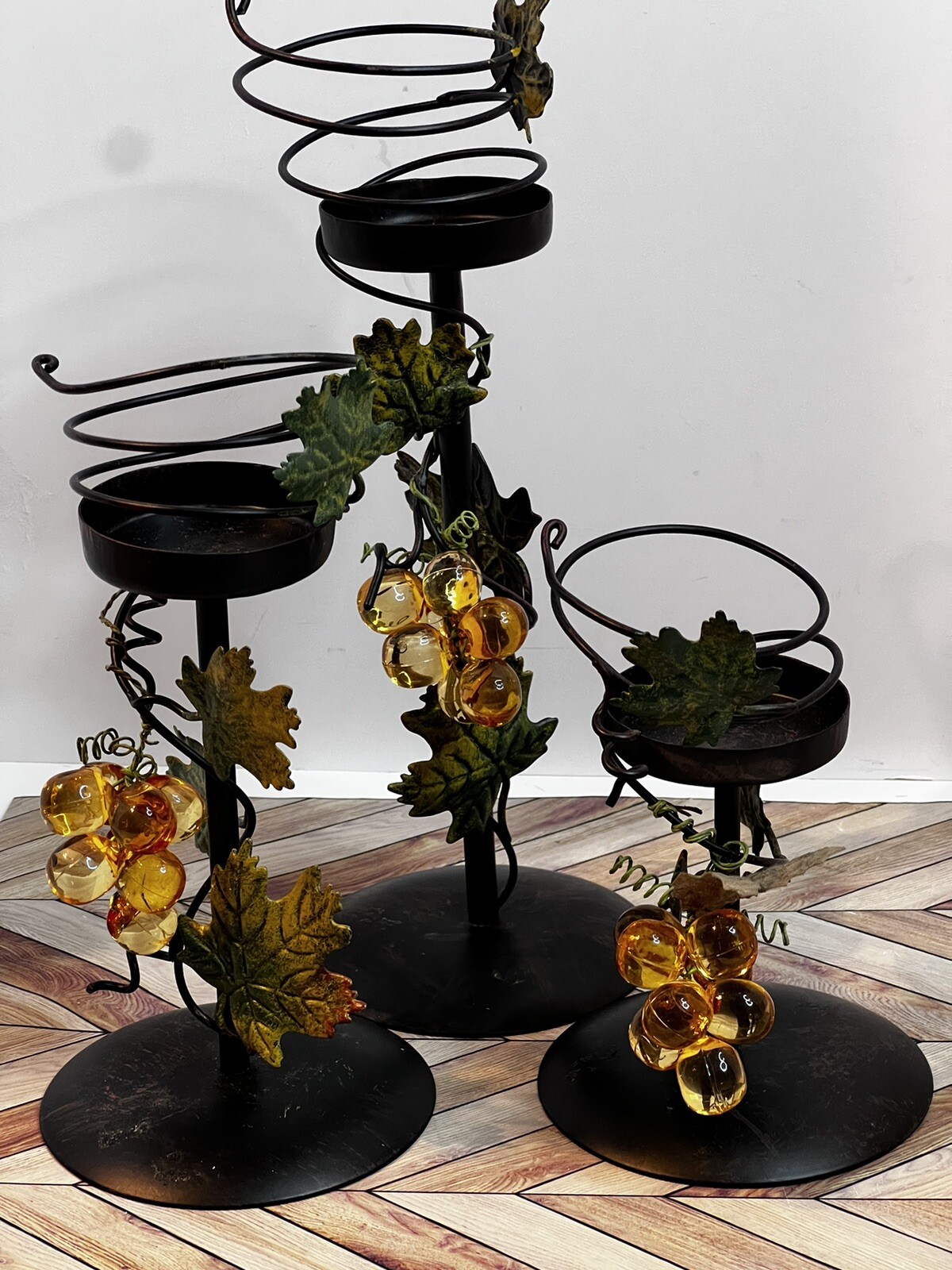 3/Metal Candle Stick Holders Embellished with Ivy Leaves Lucite Grapes