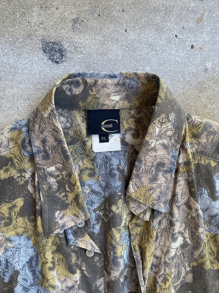 Camisa manga longa poliéster abstrato JUST CAVALLI tamanho XL verde/azul/marrom - Imagem 3 de 4