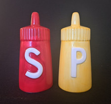 Ceramic Ketchup  Mustard Bottle Shaped Salt and Pepper Shakers - Vintage Retro
