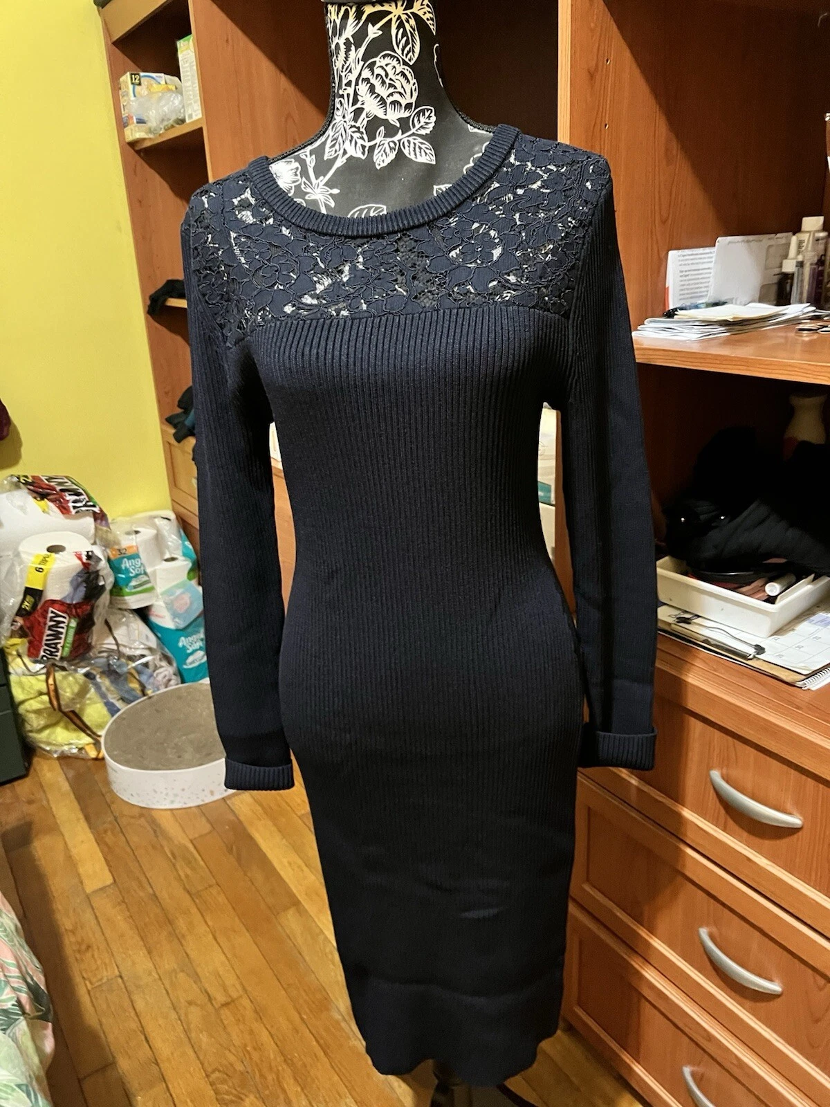 Abito maglione Michael Kors pizzo costina elasticizzato nuovo navy nuovo con etichetta taglia large salva per autunno