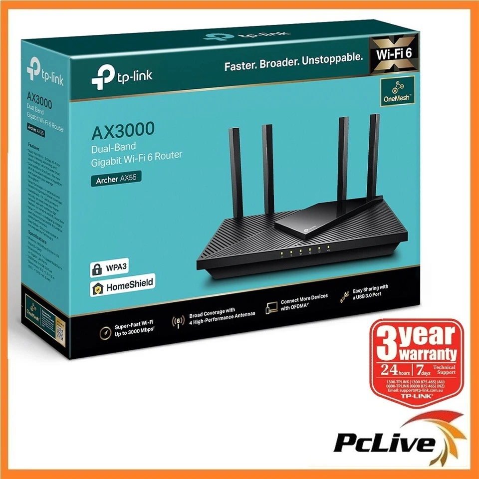 TP-Link Archer AX55 AX3000 Dual Band Gigabit Wi-Fi 6 Router OneMesh Wireless - image 1 of 4