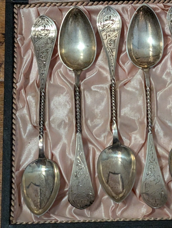 Set of 6 N.L.N. .830 Silver Coffee Tea Spoons Box Case Twisted Handle 5.75" Ag  - Image 3 of 4