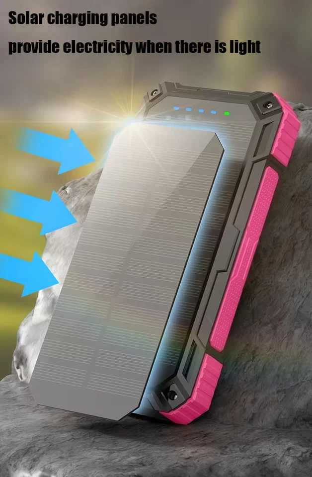 🔋 38800mAh Solar Power Bank Portable USB Charger w/ LED Light & Compass – Pink - Image 3 of 4