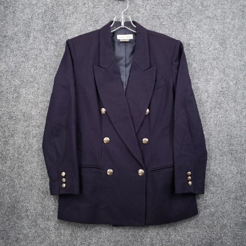 VINTAGE Stephanie Andrews 90s Blazer Jacket Womens 10P Petite Blue Wool Office