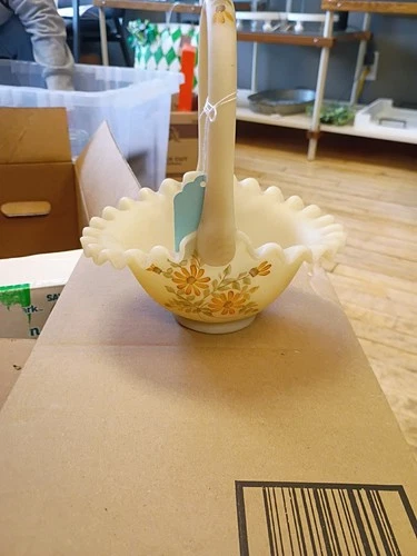 157: Fenton Basket Custard Ruffle Hand Painted Reddish Brown Flowers Signed