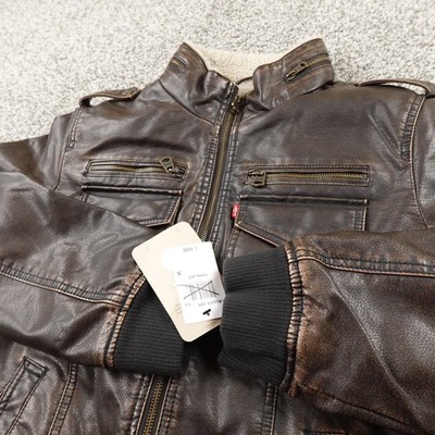 NEW Levis Jacket Mens S Brown Sherpa Lined Faux Leather Trucker Bomber Coat Zip