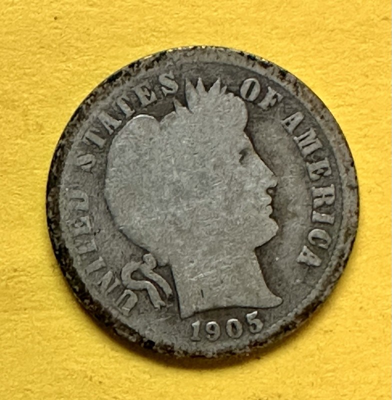 1905-S Barber Dime. 90% Silver. Good Condition. Charity Auction/Animal Rescue.￼