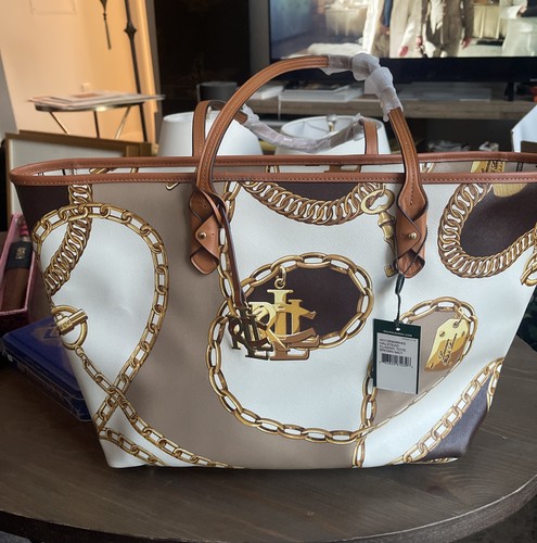 Lauren Ralph Lauren Beuteltasche gold Kette Logo Print braun Trim Reißverschluss neu mit Etikett
