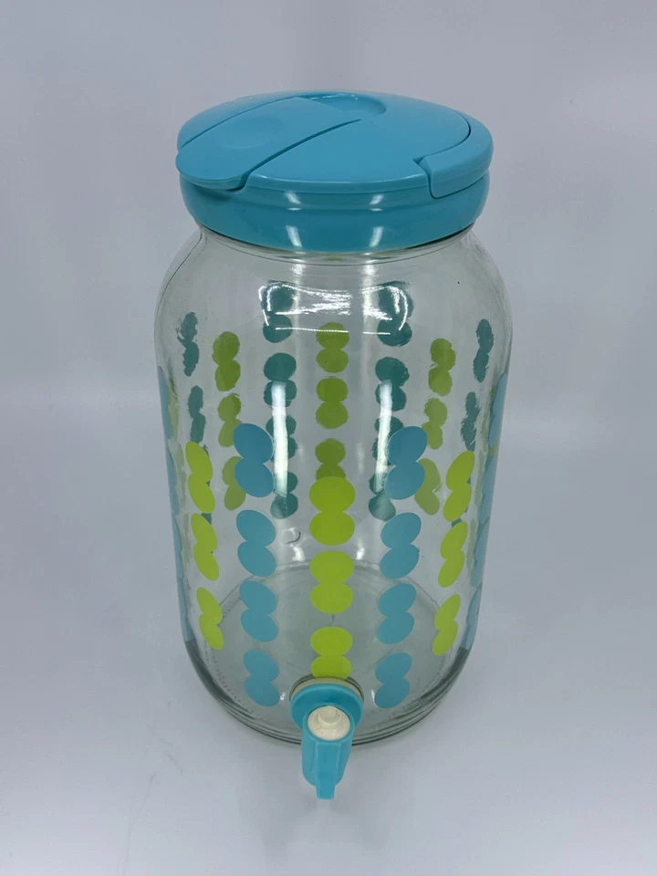 Jarra de vidrio Sun TEA de colección jarra amarillo azul lunares tapa dispensador de bebidas Foto 2 de 4