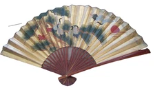 VTG Large 70" x 41"  Hand-Painted Chinese Fan Crane Gold Foil Hanging Wall Decor