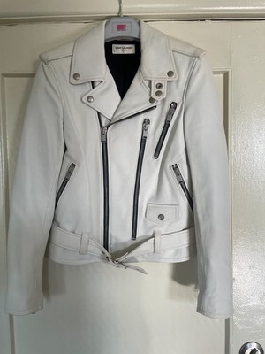 Saint Laurent Fall 2015 White Leather Biker Jacket w Silver Hardware - Size F38