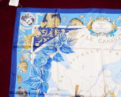Hermes Scarf Stole Le Canada Navy Blue Kermit Oliver Silk Bandana