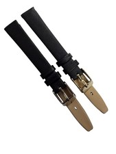 2 Piece 14mm Genuine Leather Black Watch Band Slim Flat Grain Strap Set of 2