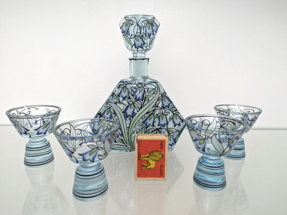 Böhmische Art Deco Karaffe mit 4 Gläsern, Kristallglas handbemalt, Böhmen 1930 - Bild 3 von 4