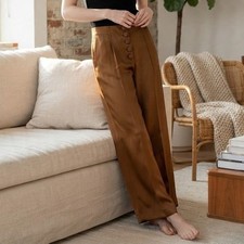 Zara Womens Bronze Satin Wide Leg High Rise Button Side Trousers Brown Small NEW