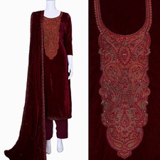 DRK MAROON VELVET w KASHMIRI EMBR INDIAN READYMADE LADIES SALWAR KAMEEZ SUIT SNJ