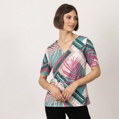 T-Shirt grün 40/42 MILANO Design Damen mit Blätterprint multicolor UVP: 59  H5