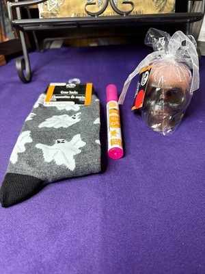 Spooky Gift Pack   Ghost Socks, Bleeding Skull Candle & Sugar Cookie Sanitizer