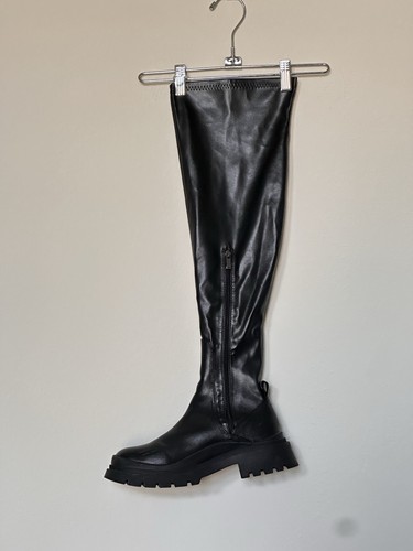 Pretty Little Thing Over The Knee Boots Black Side Zip 8 Thigh High Chunky Heel
