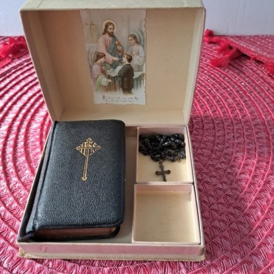 Antique 1925 Catholic First Communion Prayer Book Rosary Box Set, Key of Heaven