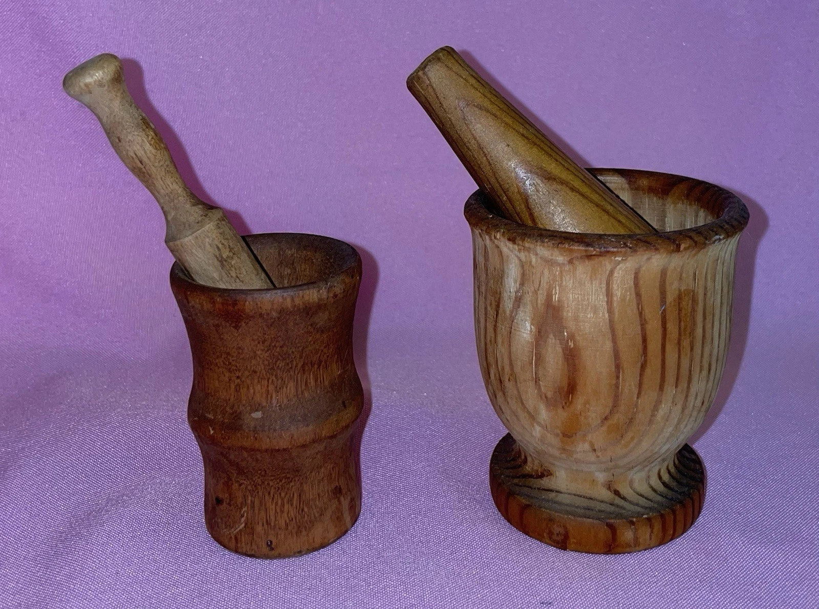 2 Vintage Hand Turned Solid Wooden Mortars & 2 Wooden Pestles TURNER MADE