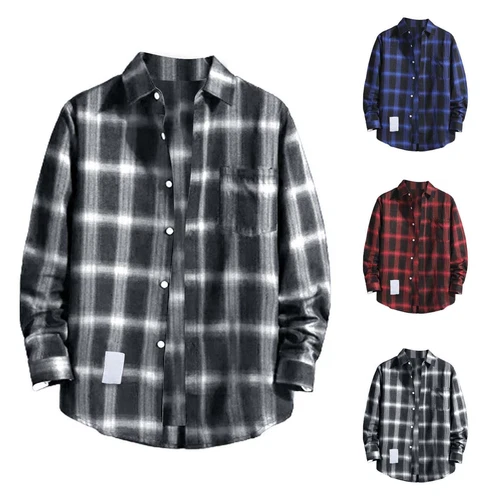 Herren Karo Tartan Revers T-Shirt Langarm Knöpfe Freizeit Slim Fit Tops Bluse - Bild 10 von 32