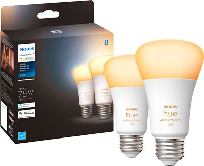 Philips Hue White Ambiance A19 Bluetooth 75W Smart LED Bulbs (2-pack)