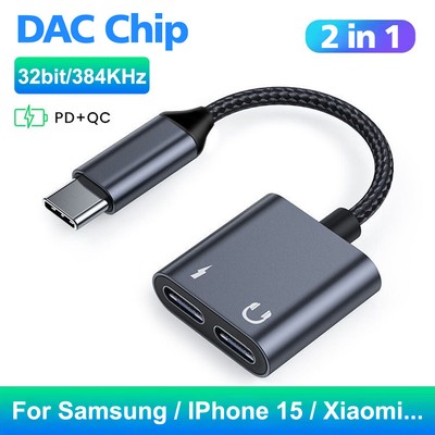 2-in-1 USB Type C to 3.5mm AUX DAC Audio Adapter Headphone Jack PD 3.0 Charger