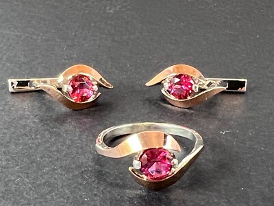 Jewelry set silver ring and earrings with gilding and ruby   alpinite