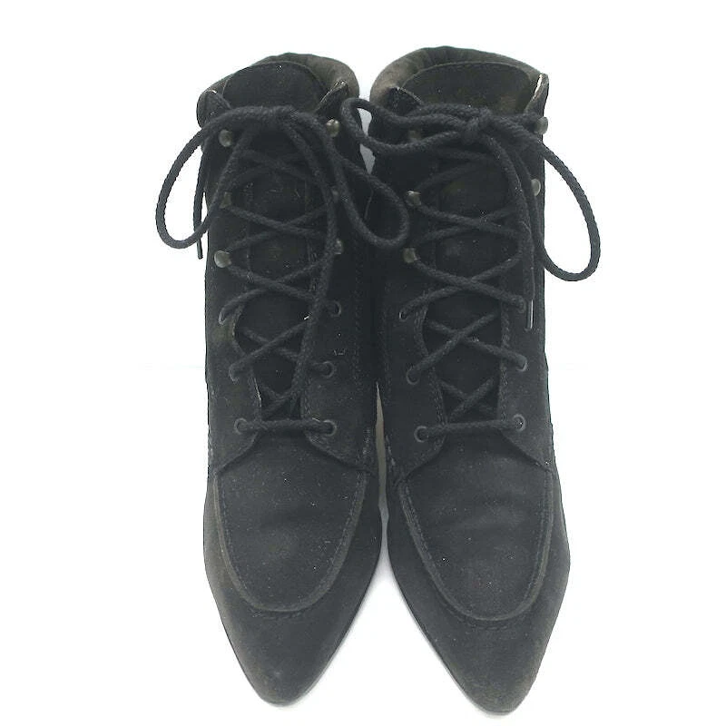 Manolo Blahnik Lace-Up Ankle Boots Black Suede Size 38.5 Pointed Toe Kitten Heel - Image 4 of 4