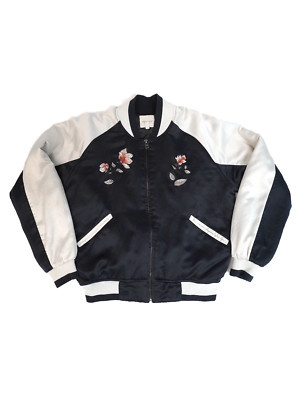 Vintage Y2K Silence + Noise Embroidered Flower Satin Bomber Jacket Size Large